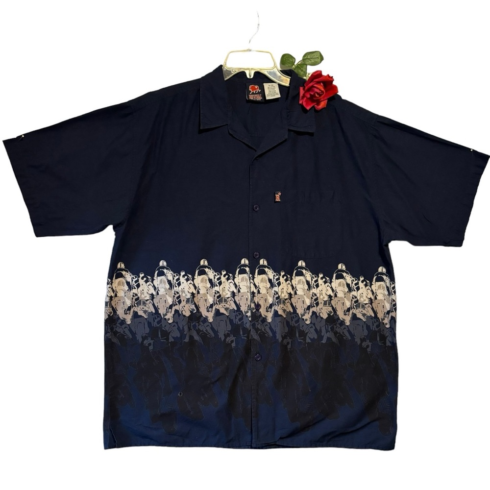 Revival circa 1992 Blue Cycle border XL 100% Cotton Short sleeve button up